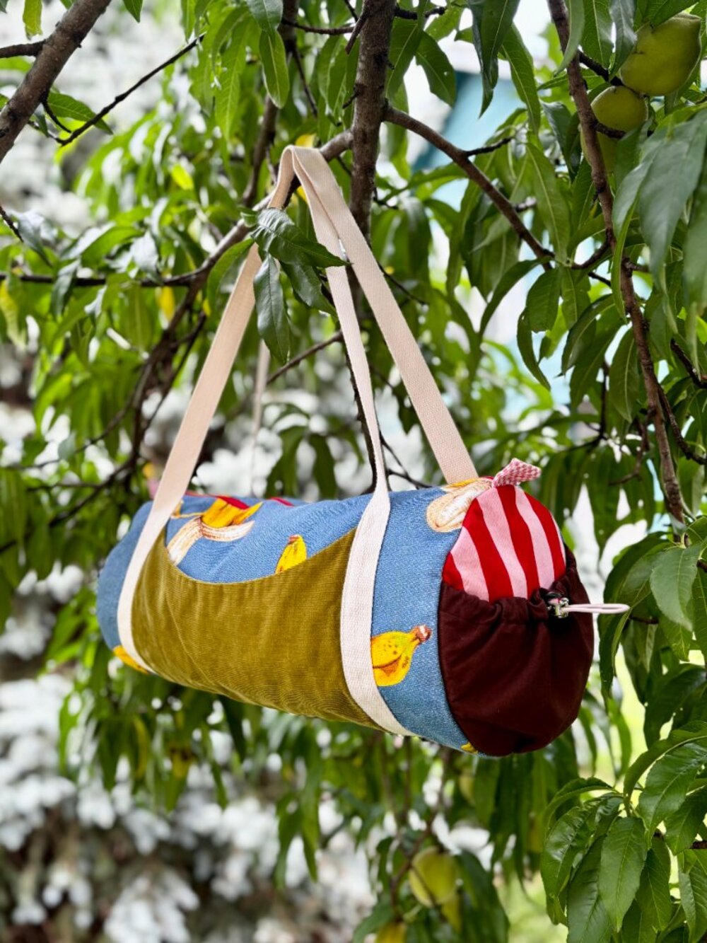 Banana Split Duffle Bag Small Vintage Antique Handmade Blue Yellow Pink Red